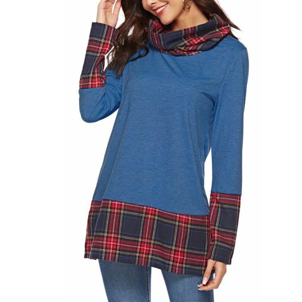 🍁 Women’s Long Sleeve Blue Plaid Patchwork Cowl Neck Tunic Autumn Dress Tops